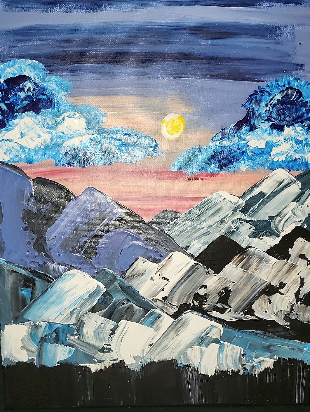 Contemporary Blue Mountain Landscape Wall Art - Blue, White, Black